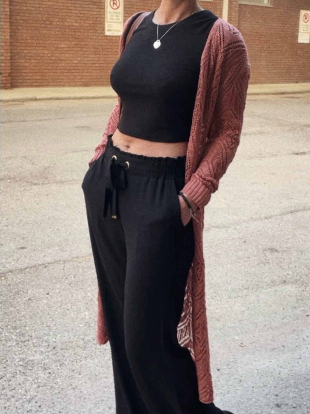 Moral Fiber Long Sleeve Crochet Knit Sweater in dusty rose